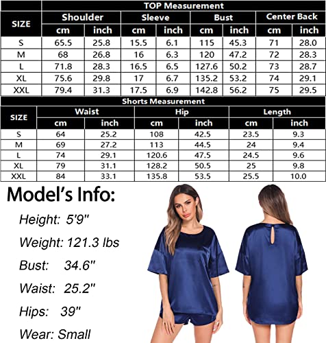 SWOMOG Womens Satin Pajamas Sets Solid Short Sleeve T-Shirt Tops with Shorts Sleepwear Summer Pjs Loungewear Navy Blue