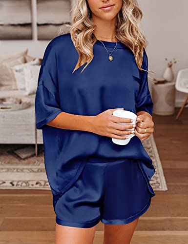 SWOMOG Womens Satin Pajamas Sets Solid Short Sleeve T-Shirt Tops with Shorts Sleepwear Summer Pjs Loungewear Navy Blue