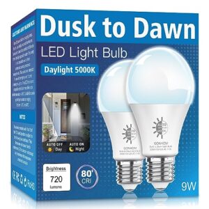 gonhom 2 pack dusk to dawn light bulbs outdoor, 5000k-daylight, 720lm, 9w(60w equivalent) a19 e26 automatic on/off led light bulbs, dusk to dawn led outdoor lighting for porch garage patio