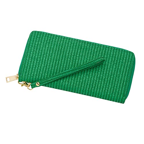 WOZEAH Women's RFID Blocking PU Leather Zip Around Wallet Clutch Large Travel Purse (Dark Green Weave)