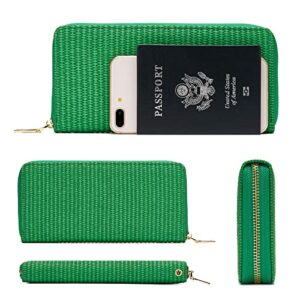 WOZEAH Women's RFID Blocking PU Leather Zip Around Wallet Clutch Large Travel Purse (Dark Green Weave)