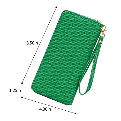 WOZEAH Women's RFID Blocking PU Leather Zip Around Wallet Clutch Large Travel Purse (Dark Green Weave)