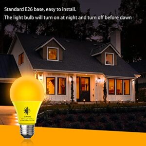 GONHOM A19 Dusk to Dawn Bug Light Bulbs Outdoor, Yellow LED Bug Light Bulb 10W (100W Equivalent), Photo Sensor, Auto On/Off, Amber Bug Lights for Outside Porch Garage Patio 4 Pack