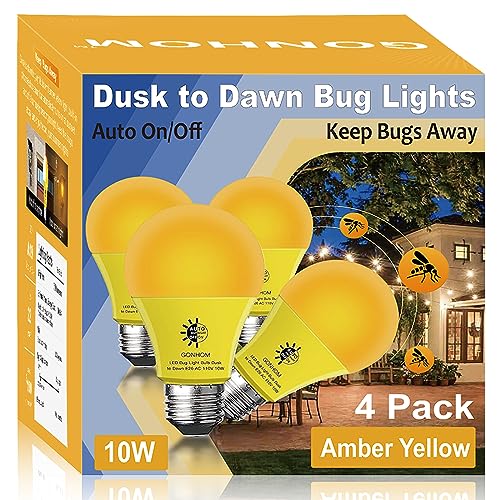 GONHOM A19 Dusk to Dawn Bug Light Bulbs Outdoor, Yellow LED Bug Light Bulb 10W (100W Equivalent), Photo Sensor, Auto On/Off, Amber Bug Lights for Outside Porch Garage Patio 4 Pack