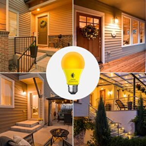 GONHOM A19 Dusk to Dawn Bug Light Bulbs Outdoor, Yellow LED Bug Light Bulb 10W (100W Equivalent), Photo Sensor, Auto On/Off, Amber Bug Lights for Outside Porch Garage Patio 4 Pack