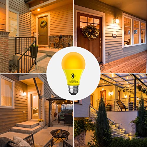 GONHOM A19 Dusk to Dawn Bug Light Bulbs Outdoor, Yellow LED Bug Light Bulb 10W (100W Equivalent), Photo Sensor, Auto On/Off, Amber Bug Lights for Outside Porch Garage Patio 4 Pack