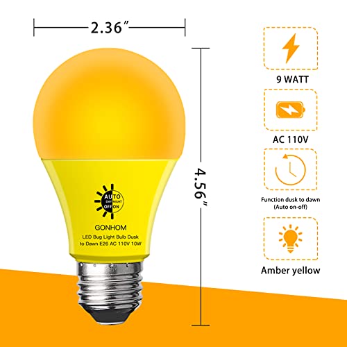 GONHOM A19 Dusk to Dawn Bug Light Bulbs Outdoor, Yellow LED Bug Light Bulb 10W (100W Equivalent), Photo Sensor, Auto On/Off, Amber Bug Lights for Outside Porch Garage Patio 4 Pack