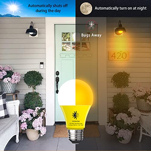 GONHOM A19 Dusk to Dawn Bug Light Bulbs Outdoor, Yellow LED Bug Light Bulb 10W (100W Equivalent), Photo Sensor, Auto On/Off, Amber Bug Lights for Outside Porch Garage Patio 4 Pack