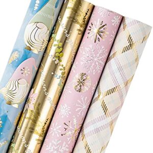 WRAPAHOLIC Christmas Wrapping Paper Roll - Gold and Purple Pastel Gnome Elf Holiday Collection with Metallic Foil Shine - 4 Rolls - 30 Inch X 120 Inch Per Roll