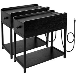 amhancible end tables living room set of 2 with charging station, black nightstand with drawer, bedside tables with usb ports & outlets, slim side table for small spaces, bedroom, couch, het04ldbk