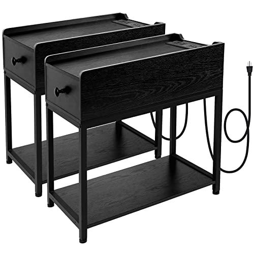 AMHANCIBLE End Tables Living Room Set of 2 with Charging Station, Black Nightstand with Drawer, Bedside Tables with USB Ports & Outlets, Slim Side Table for Small Spaces, Bedroom, Couch, HET04LDBK