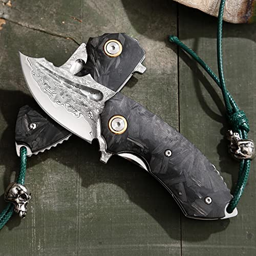 Minowe Handmade Damascus Steel Pocket Knife With leather jacket，2.2 inch blade Carbon Fiber handle，fluorescent effect apply to men and women folding knife，EDC on foot tactics tool Knife