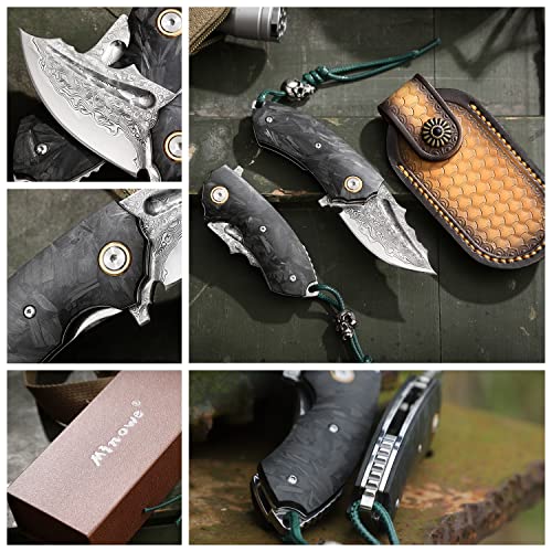 Minowe Handmade Damascus Steel Pocket Knife With leather jacket，2.2 inch blade Carbon Fiber handle，fluorescent effect apply to men and women folding knife，EDC on foot tactics tool Knife