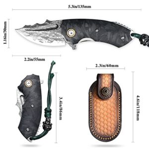 Minowe Handmade Damascus Steel Pocket Knife With leather jacket，2.2 inch blade Carbon Fiber handle，fluorescent effect apply to men and women folding knife，EDC on foot tactics tool Knife