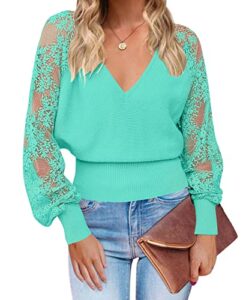 zesica women's 2023 fall v neck lace patchwork solid color long sleeve casual knit pullover sweater tops,lakegreen,large