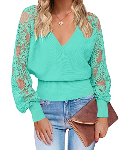 ZESICA Women's 2023 Fall V Neck Lace Patchwork Solid Color Long Sleeve Casual Knit Pullover Sweater Tops,LakeGreen,Large