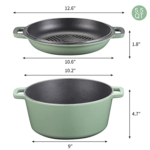 5.5 Quart Enameled Cast Iron Dutch Oven, 2-In-1 Enamel Oven with Skillet Lid for Grill, Stovetop, Induction (Gray Green)