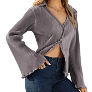 KOJOOIN Women Y2k Tops Deep V Neck Button Down Flare Long Sleeve Crop Tops Plain Casual Shirts Grey Purple