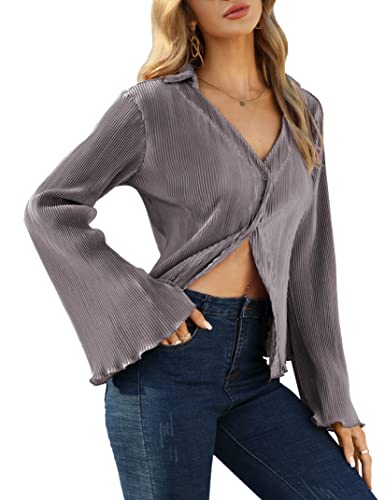 KOJOOIN Women Y2k Tops Deep V Neck Button Down Flare Long Sleeve Crop Tops Plain Casual Shirts Grey Purple