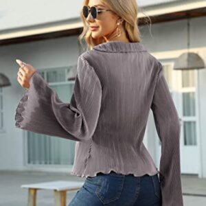 KOJOOIN Women Y2k Tops Deep V Neck Button Down Flare Long Sleeve Crop Tops Plain Casual Shirts Grey Purple