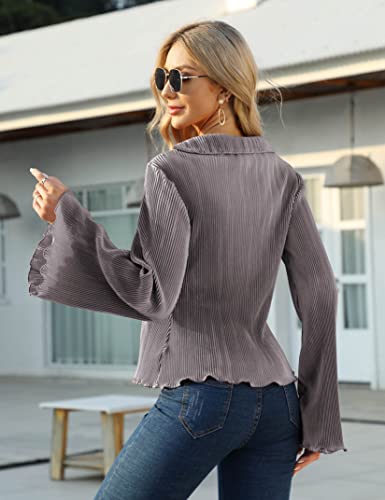 KOJOOIN Women Y2k Tops Deep V Neck Button Down Flare Long Sleeve Crop Tops Plain Casual Shirts Grey Purple