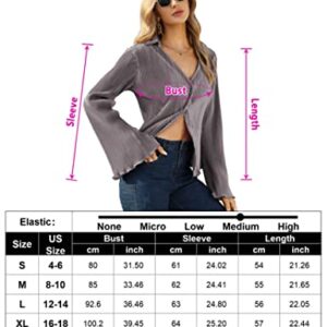 KOJOOIN Women Y2k Tops Deep V Neck Button Down Flare Long Sleeve Crop Tops Plain Casual Shirts Grey Purple