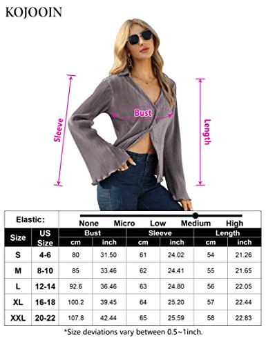 KOJOOIN Women Y2k Tops Deep V Neck Button Down Flare Long Sleeve Crop Tops Plain Casual Shirts Grey Purple