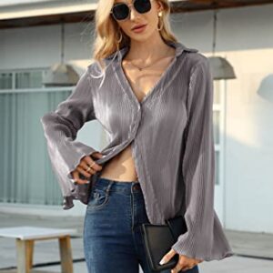 KOJOOIN Women Y2k Tops Deep V Neck Button Down Flare Long Sleeve Crop Tops Plain Casual Shirts Grey Purple