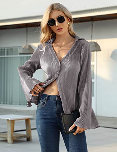 KOJOOIN Women Y2k Tops Deep V Neck Button Down Flare Long Sleeve Crop Tops Plain Casual Shirts Grey Purple