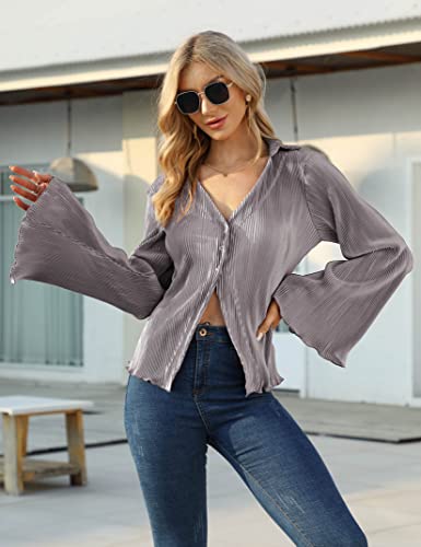 KOJOOIN Women Y2k Tops Deep V Neck Button Down Flare Long Sleeve Crop Tops Plain Casual Shirts Grey Purple