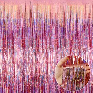 4 pack rose gold tinsel foil fringe curtain backdrop, 3.28ft x 8.2ft metallic streamers for photo booth wedding bridal shower bachelorette birthday halloween christmas party decoration