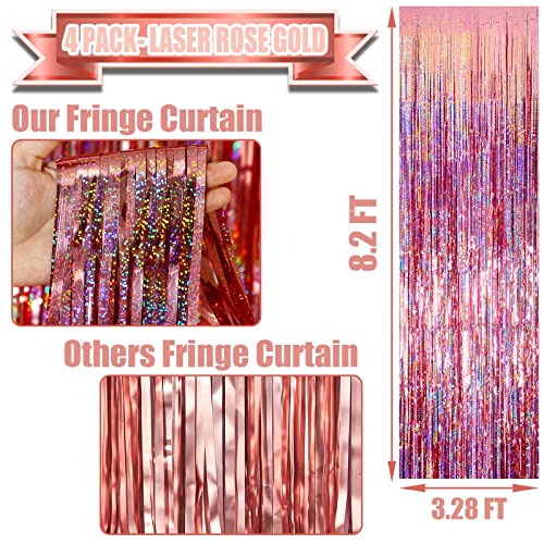 4 Pack Rose Gold Tinsel Foil Fringe Curtain Backdrop, 3.28Ft x 8.2Ft Metallic Streamers for Photo Booth Wedding Bridal Shower Bachelorette Birthday Halloween Christmas Party Decoration