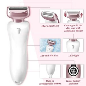 Akunbem Electric Razor for Women Legs Bikini Trimmer Shaver Underarm Public Hairs Rechargeable Womens Wet Dry Use Painless Cordless with Detachable Head (Pinkish)