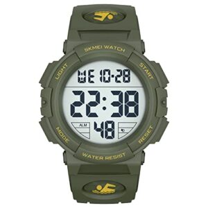 golden hour mens big wide screen digital display waterproof quartz sport watch with resin strap (army green)