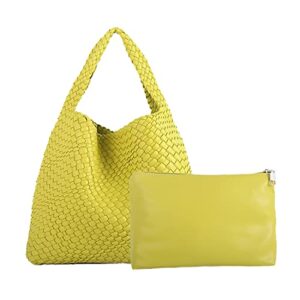 women vegan leather hand-woven tote handbag fashion shoulder top-handle bag all-match underarm bag with purse (lemon yellow)