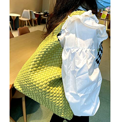 Women Vegan Leather Hand-Woven Tote Handbag Fashion Shoulder Top-handle Bag All-Match Underarm Bag with Purse (Lemon yellow)