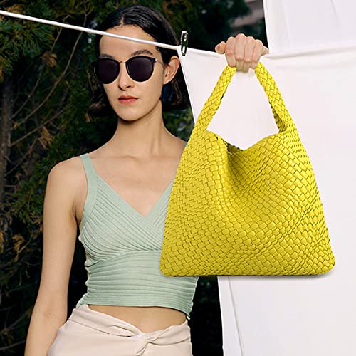 Women Vegan Leather Hand-Woven Tote Handbag Fashion Shoulder Top-handle Bag All-Match Underarm Bag with Purse (Lemon yellow)