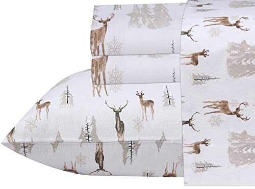 RUVANTI Flannel Sheets King Size - 100% Cotton Brushed Flannel Bed Sheet Sets - Deep Pockets 16 Inches (fits up to 18") - All Seasons Breathable & Super Soft - Warm & Cozy - 4 Pcs - Brown Deer