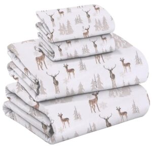 ruvanti flannel sheets king size - 100% cotton brushed flannel bed sheet sets - deep pockets 16 inches (fits up to 18") - all seasons breathable & super soft - warm & cozy - 4 pcs - brown deer