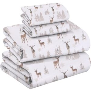 RUVANTI Flannel Sheets King Size - 100% Cotton Brushed Flannel Bed Sheet Sets - Deep Pockets 16 Inches (fits up to 18") - All Seasons Breathable & Super Soft - Warm & Cozy - 4 Pcs - Brown Deer