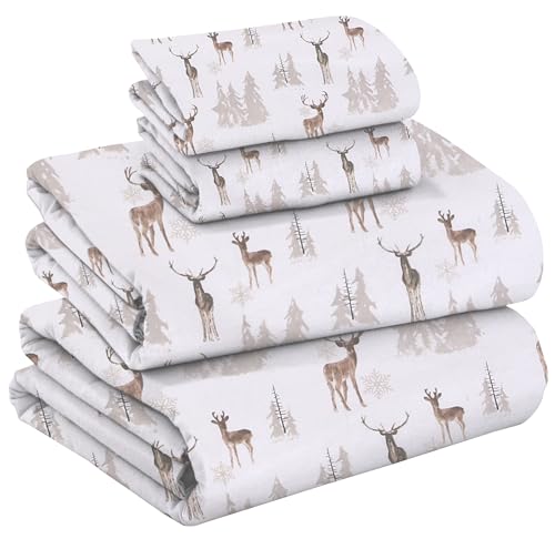 RUVANTI Flannel Sheets King Size - 100% Cotton Brushed Flannel Bed Sheet Sets - Deep Pockets 16 Inches (fits up to 18") - All Seasons Breathable & Super Soft - Warm & Cozy - 4 Pcs - Brown Deer