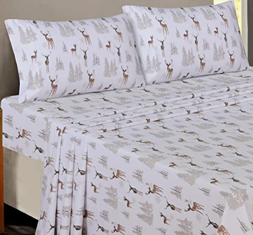 RUVANTI Flannel Sheets King Size - 100% Cotton Brushed Flannel Bed Sheet Sets - Deep Pockets 16 Inches (fits up to 18") - All Seasons Breathable & Super Soft - Warm & Cozy - 4 Pcs - Brown Deer