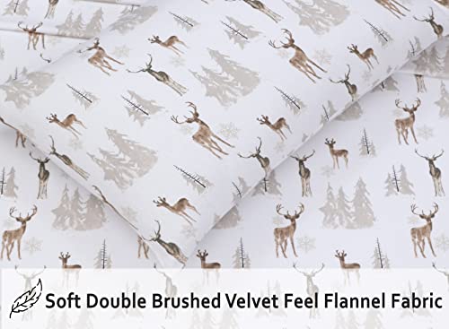 RUVANTI Flannel Sheets King Size - 100% Cotton Brushed Flannel Bed Sheet Sets - Deep Pockets 16 Inches (fits up to 18") - All Seasons Breathable & Super Soft - Warm & Cozy - 4 Pcs - Brown Deer