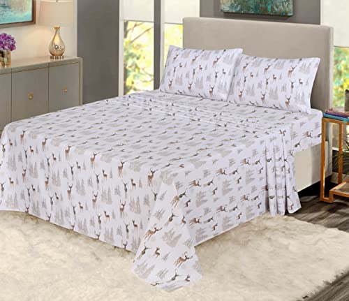 RUVANTI Flannel Sheets King Size - 100% Cotton Brushed Flannel Bed Sheet Sets - Deep Pockets 16 Inches (fits up to 18") - All Seasons Breathable & Super Soft - Warm & Cozy - 4 Pcs - Brown Deer