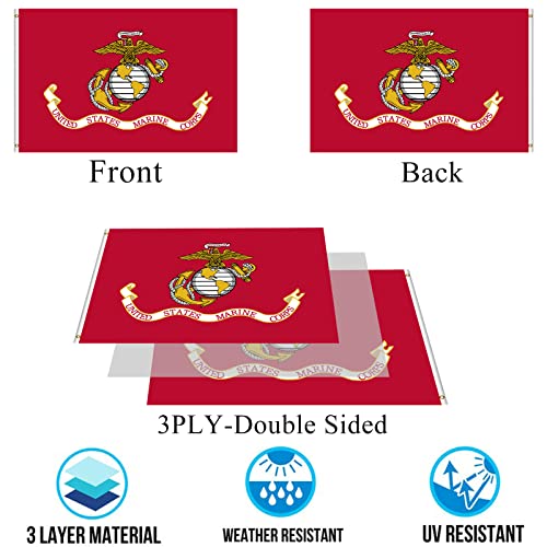 Embroidered Double Sided USMC Marine Corps Flag 3x5 Outdoor-3Ply Heavy Duty 300D Nylon 4 Rows Sewn- All Weather United States Official Marines Flag Banner for Outdoor/Indoor with 2 Brass Grommet