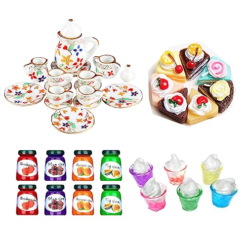 G0lden&Mang0 47Pcs Dollhouse Decor Set, 15Pcs Flower Pattern Mini Tea Cup 21Pcs Mixed Cake Ice Cream Jam Jar, 1Pc Miniature Tablecloth Furniture Toy for Kids Gift