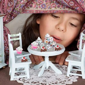 G0lden&Mang0 47Pcs Dollhouse Decor Set, 15Pcs Flower Pattern Mini Tea Cup 21Pcs Mixed Cake Ice Cream Jam Jar, 1Pc Miniature Tablecloth Furniture Toy for Kids Gift