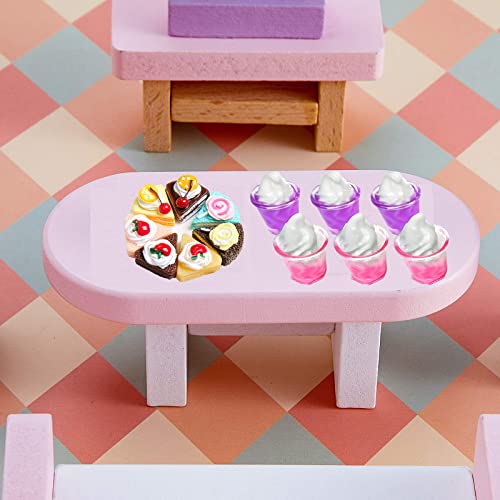 G0lden&Mang0 47Pcs Dollhouse Decor Set, 15Pcs Flower Pattern Mini Tea Cup 21Pcs Mixed Cake Ice Cream Jam Jar, 1Pc Miniature Tablecloth Furniture Toy for Kids Gift