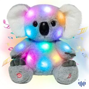 hopearl led musical koala stuffed animal light up singing plush toy adjustable volume lullaby animated soothe birthday gifts for kids toddlers, gray, 10.5''