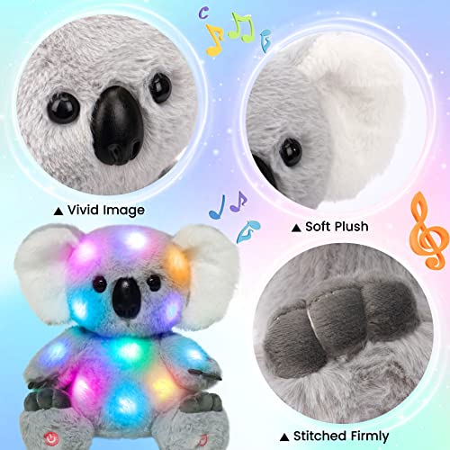 Hopearl LED Musical Koala Stuffed Animal Light up Singing Plush Toy Adjustable Volume Lullaby Animated Soothe Birthday Gifts for Kids Toddlers, Gray, 10.5''